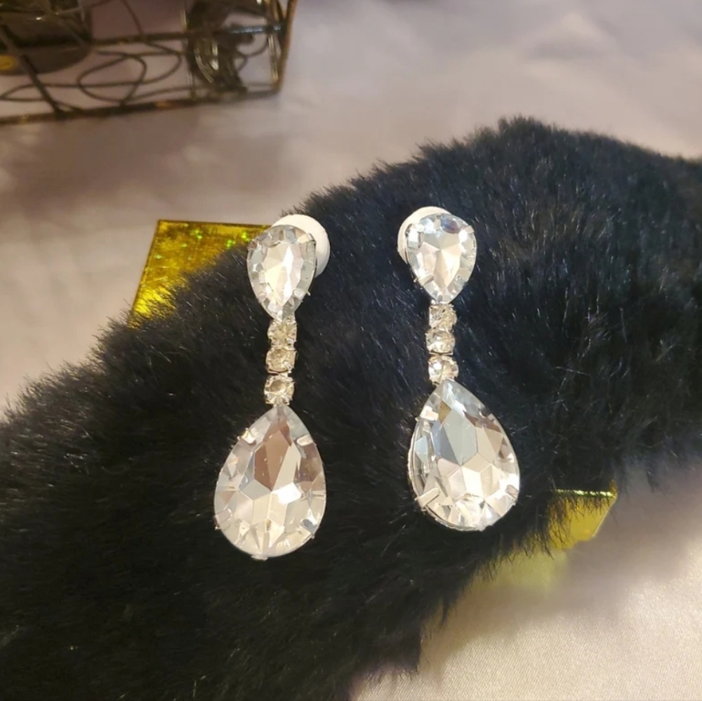 Elegant Silver Rhinestone TearDrop Pierced Earrings